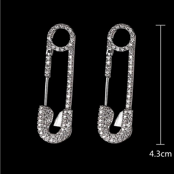 Silver Rhinestone Safety Pin Earrings, Minimalist - Picture 6 of 6